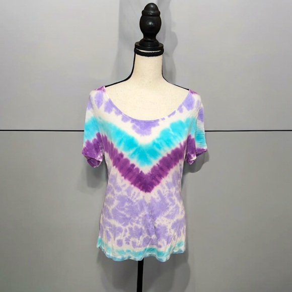 New Directions Colorful Purple Blue Tie Dye Open Back Bow Women’s Shirt Large - Picture 2 of 7